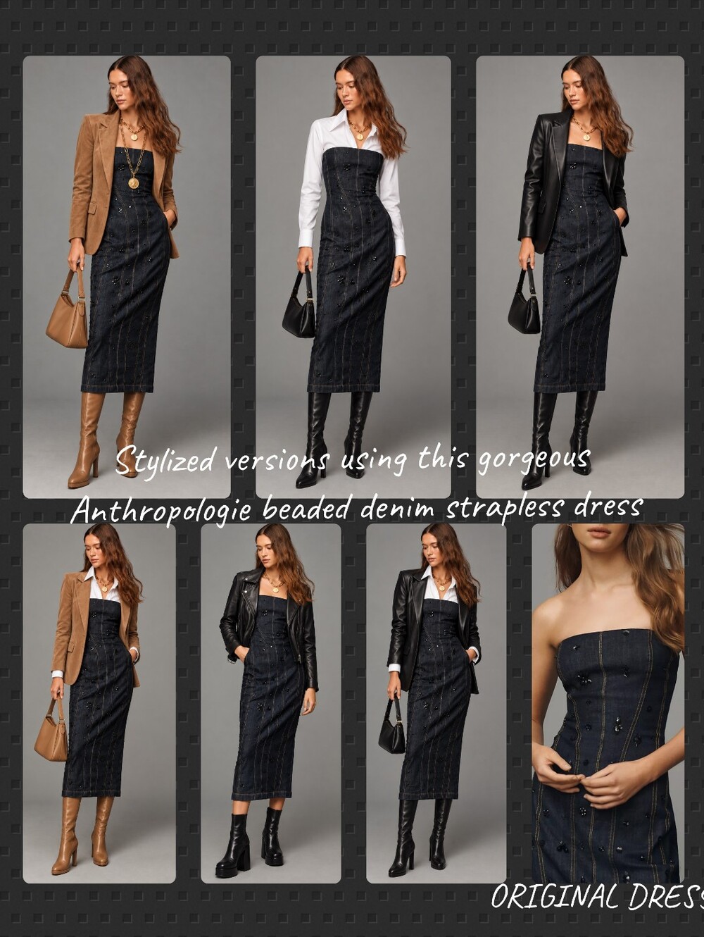 Anthropologie Beaded Denim Strapless Dress - Dark Indigo